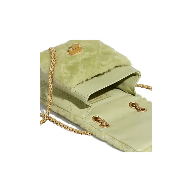 CHANEL 2.55 Shearling Lambskin One Shoulder, Crossbody Bag Women's Green-4