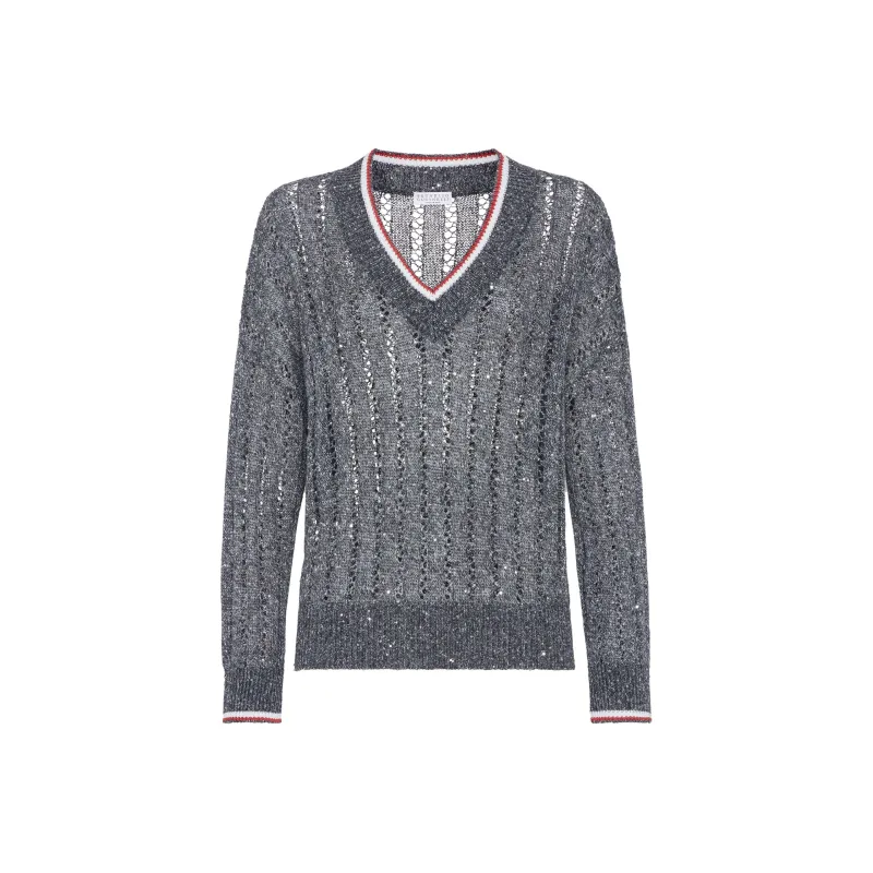 Brunello Cucinelli Openwork Knitted V Neck Jumper-0