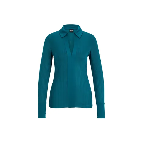 HUGO BOSS Ribbed Long-Sleeved Blouse With Johnny Collar Shirt Women's Light Green