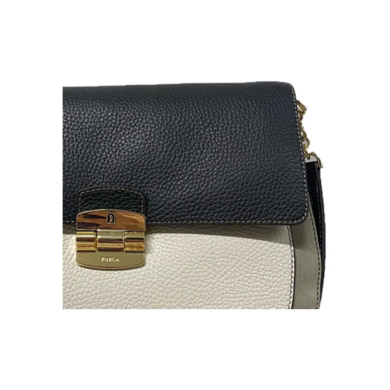 Furla Club 2 Leather Saddle Bag, Crossbody Bag, Shoulder Bag Small Size Women's Black & Beige-1