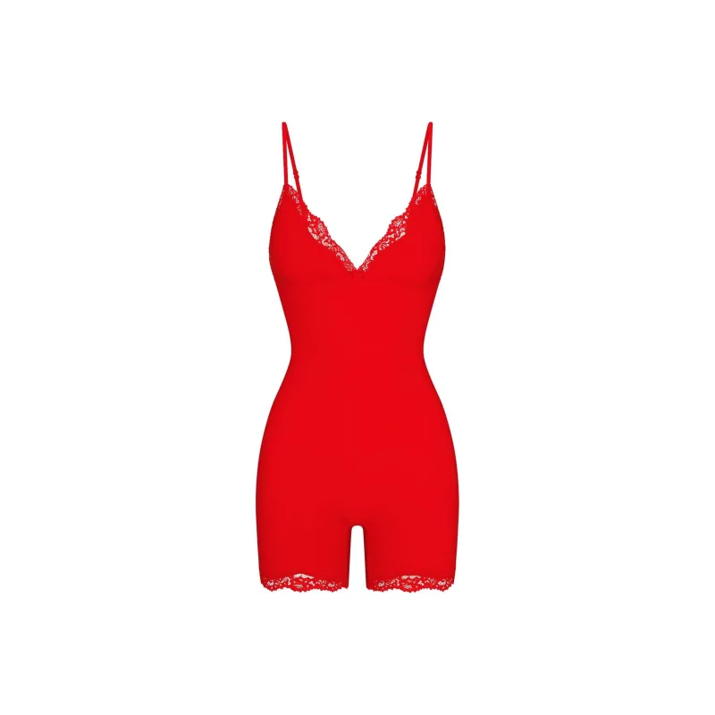 SKIMS Valentine's Day Collection SS25 FITS EVERYBODY LACE TRIANGLE ONESIE Jumpsuit Women's CAYENNE/Cayenne-0