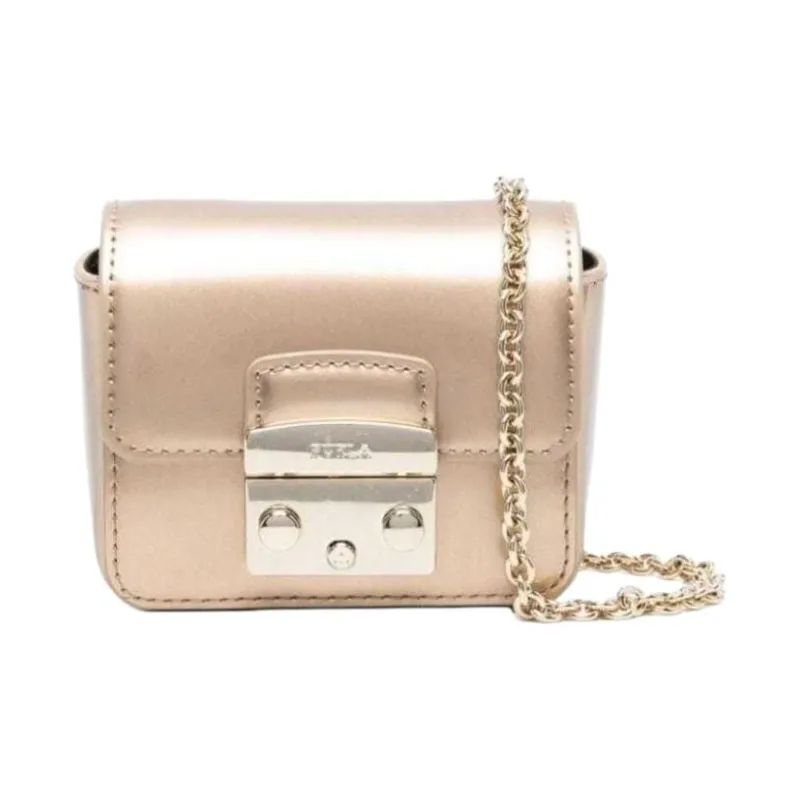 Furla Patent Leather Calfskin Shoulder Bag Crossbody Bag Mini Unisex Gold-0