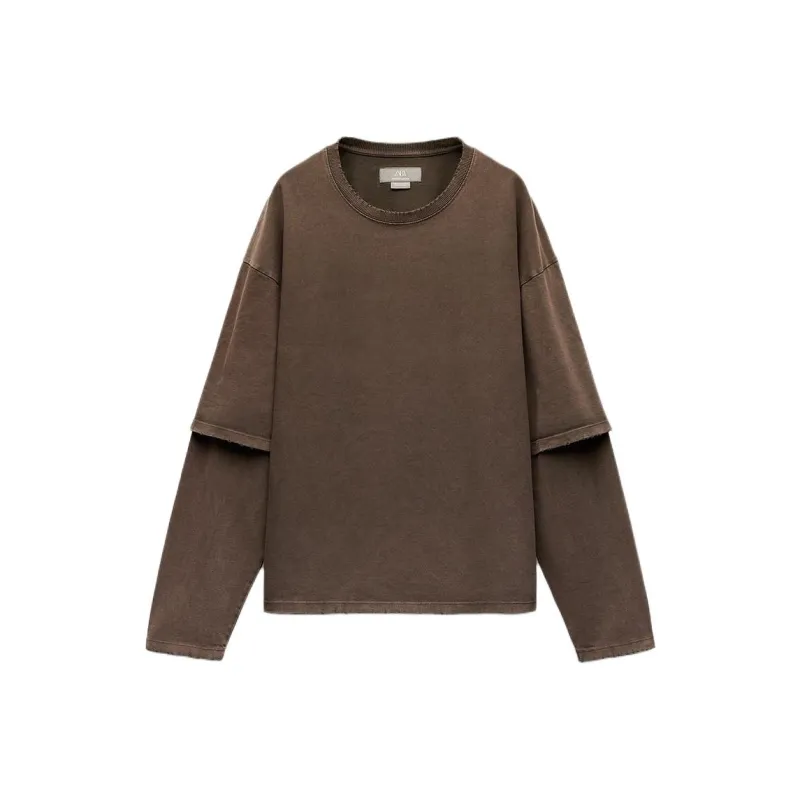 ZARA Drop Shoulder Sleeve T Shirt Women's Brown-0