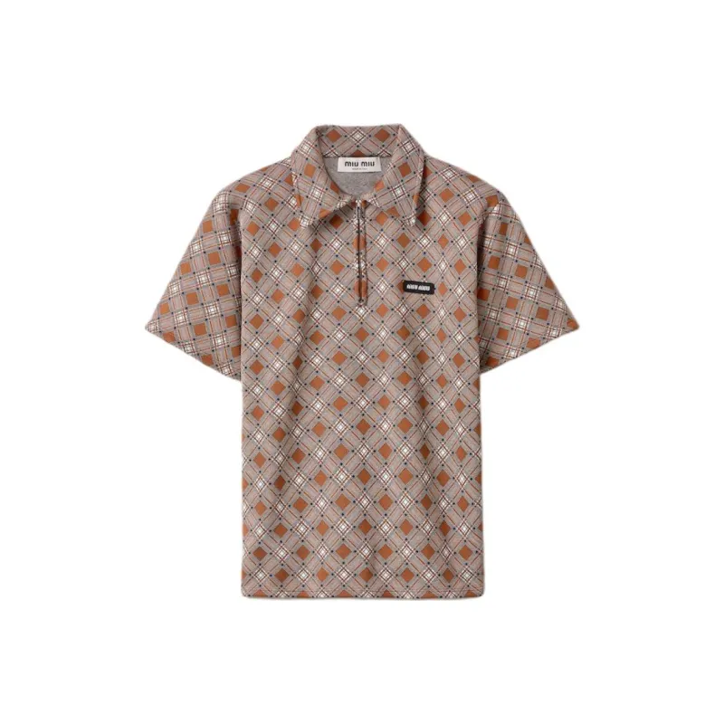 MIU MIU Silk Check Polo Shirt Tabacco-0