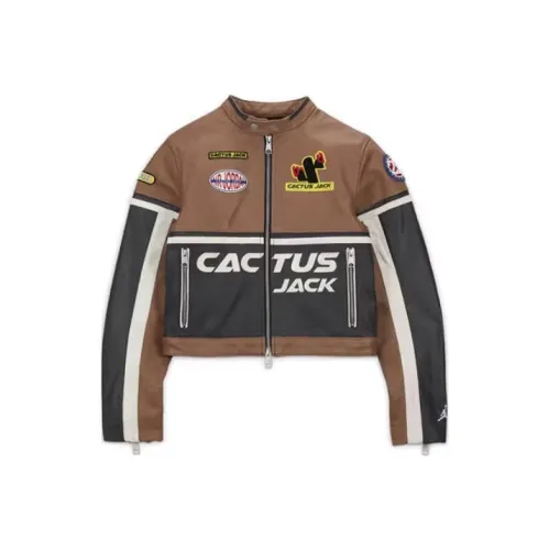 JORDAN X Travis Scott Cactus Jack Women's Leather Jacket Asia Sizing Archaeo Brown