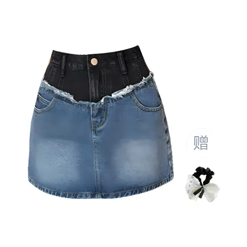 TUSHIFEI Denim Short Skirts Women's Blue+Hair Tie Comes With
