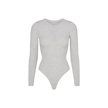 SKIMS FW24 COTTON JERSEY LONG SLEEVE HENLEY BODYSUIT Bodysuits Women's Light Heather Grey/Ash Gray