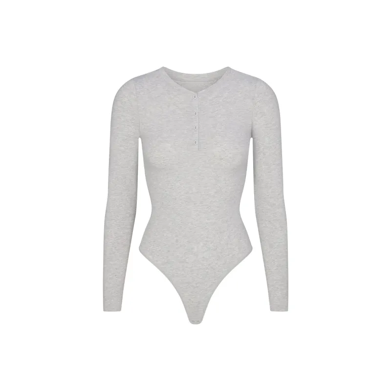 SKIMS FW24 COTTON JERSEY LONG SLEEVE HENLEY BODYSUIT Bodysuits Women's Light Heather Grey/Ash Gray-0