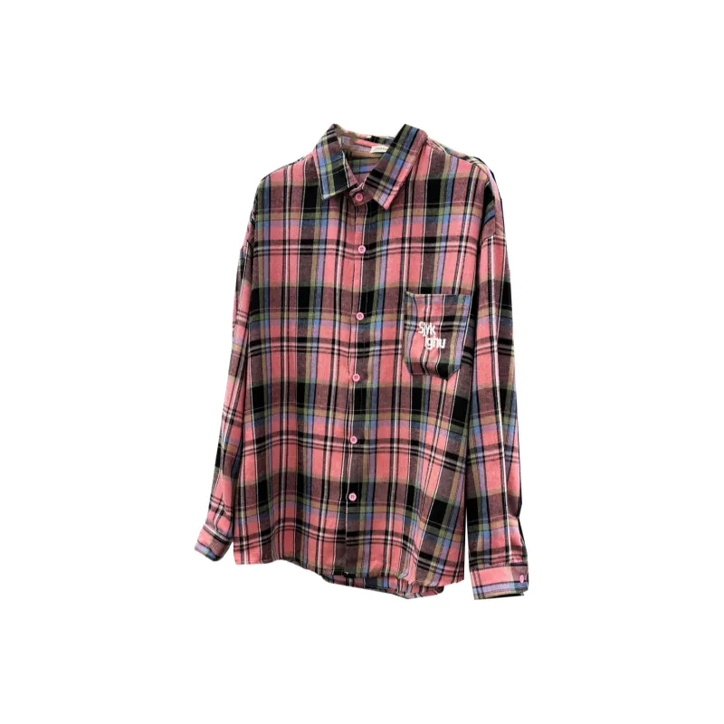 TUSHIFEI Shirt Women's Black Pink Plaid-0