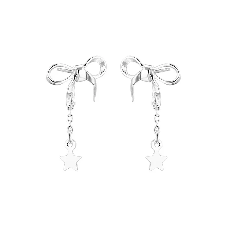 Silver S925 Silver Bowknot Stud Earrings Women's Stars Pendant Earrings-0