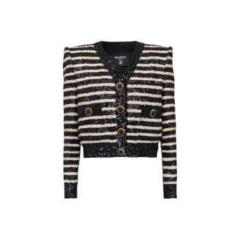 BALMAIN Striped Sequinned Cropped Jacket