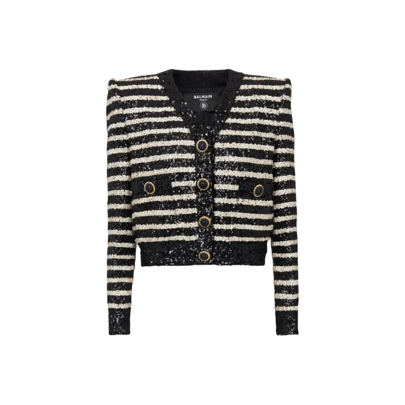 BALMAIN Striped Sequinned Cropped Jacket-0