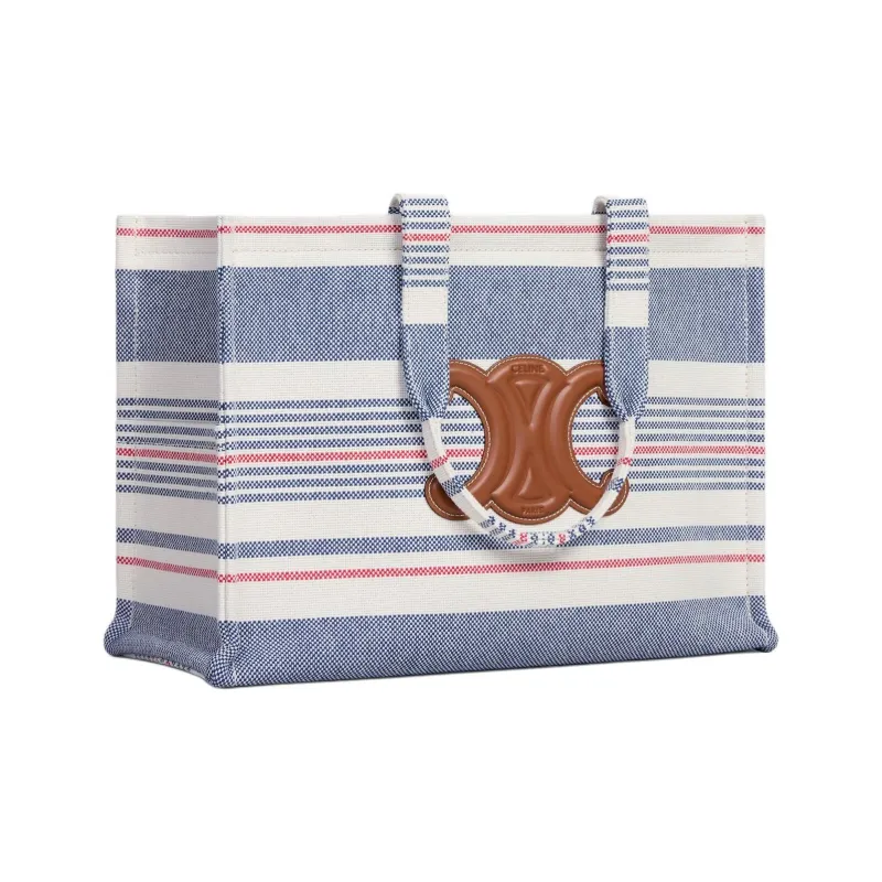 CELINE Cabas Thais Fabric With Cow Leather Trim Tote Bag, Shopping Bag, Shoulder Bag Tubas Women's Blue & Multicolor-2