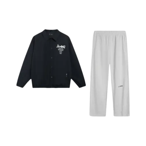 LINING Casual Sportswear Men Clothing Set Black Top+Gray Pants