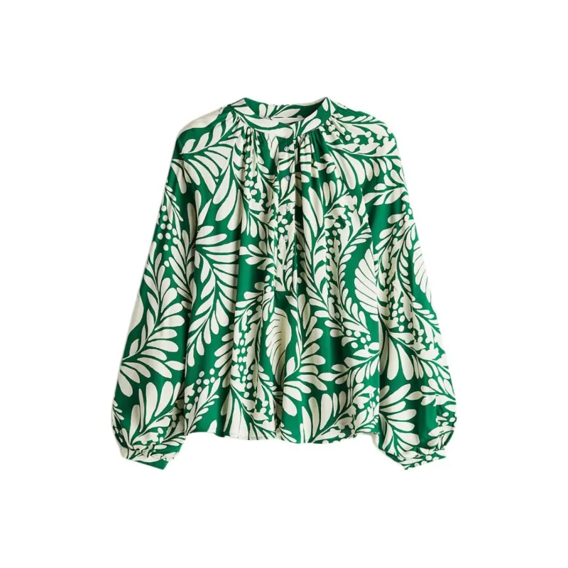H&M Shirt Women's Green/Cream Pattern-0