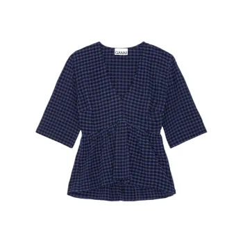 GANNI Checkered Seersucker V Neck Peplum Blouse
