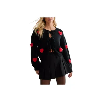 NASTY GAL Chunky Knit Heart Detail Tie Front Cardigan Knitwear Women's Black