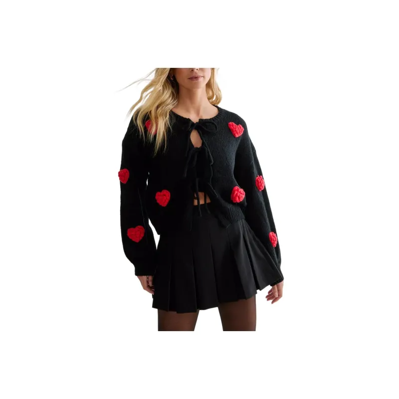 NASTY GAL Chunky Knit Heart Detail Tie Front Cardigan Knitwear Women's Black-0