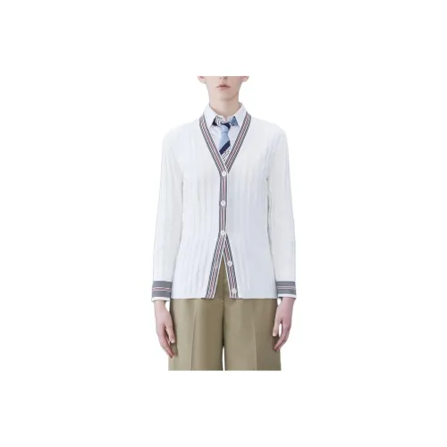 THOM BROWNE· Cotton Elongated V-Neck Cable Cardigan Shirt Women's White