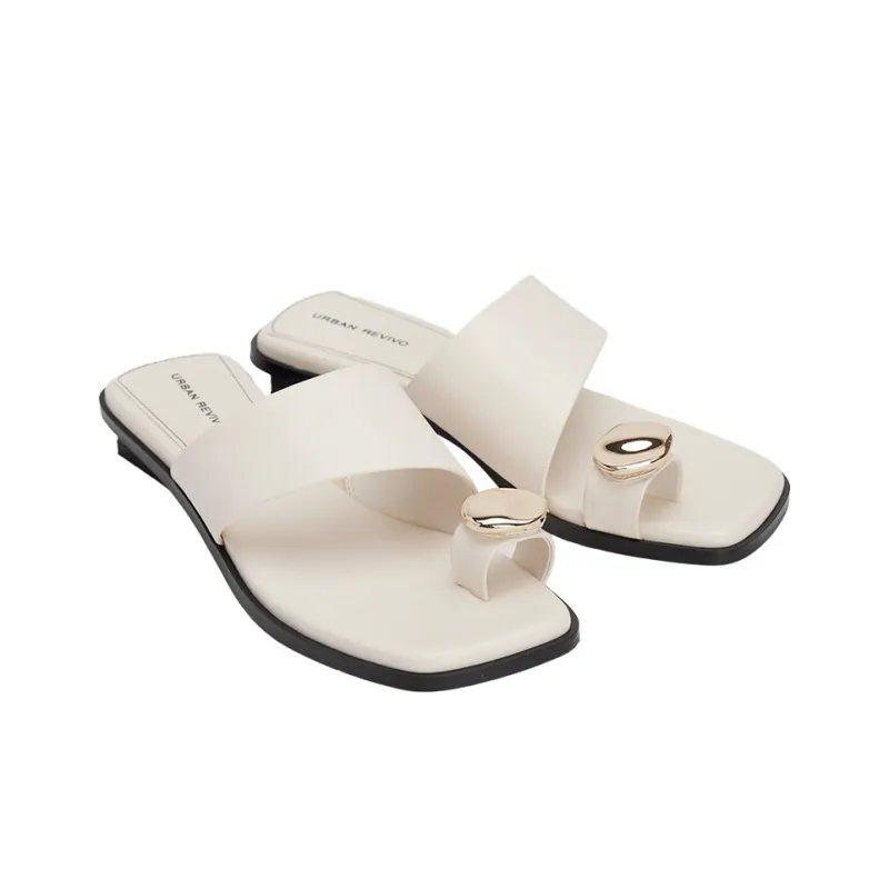 URBAN REVIVO Abrasion Resistant, Odor Resistant Slide Slippers Women's Ecru-1