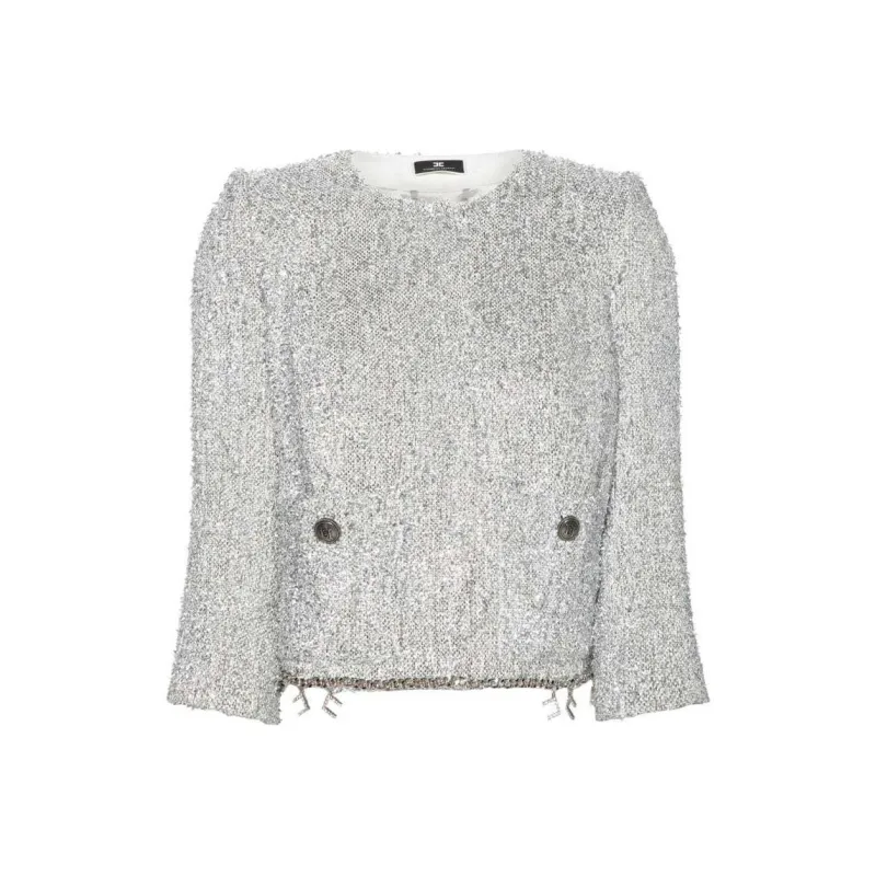 Elisabetta Franchi Collarless Tweed Cropped Jacket-0