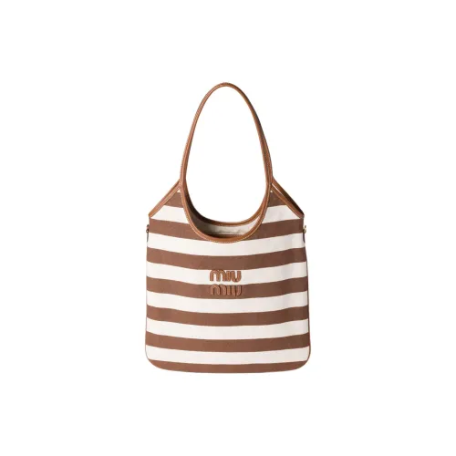 MIU MIU Ivy Cotton Tote Bag, Shopping Bag, Shoulder Bag Women's Cocoa Brown & Natural