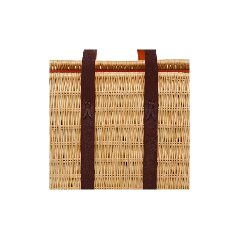 HERMES Wicker With Calfskin Tote Bag, Shopping Bag, Handbag Extra Large Women's Natural & Red Brown-3