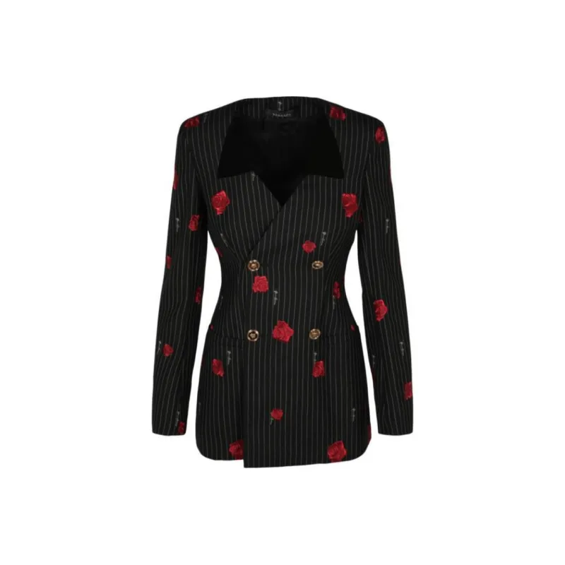VERSACE Rose Print Striped Double Breasted Jacket 'Black'-0