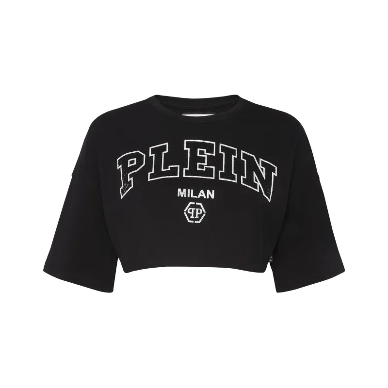 PHILIPP PLEIN Logo embellished Cotton Crop Top-0