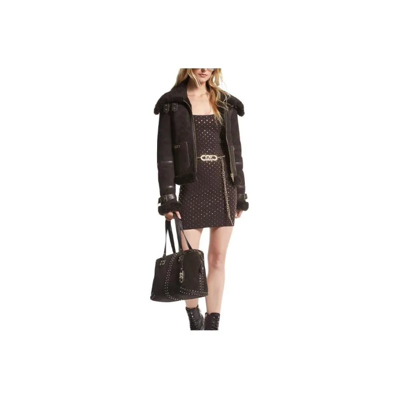MICHAEL KORS Empire Logo Embossed Suede And Shearling Flight Jacket-0