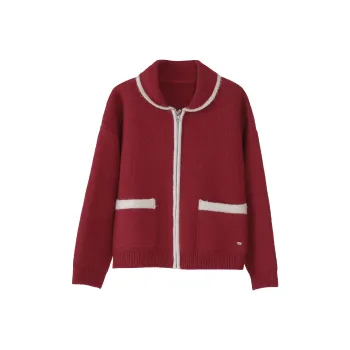 Fstudio Korean Petite Cardigan Lapel Long Sleeved Knitwear Women's Red