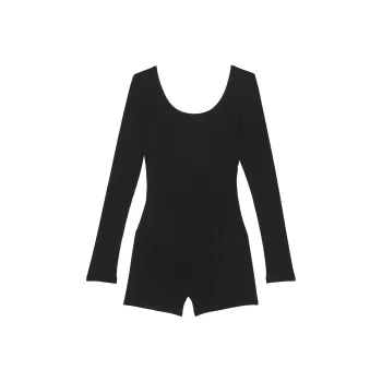 Victoria's Secret PINK Base Cotton Ribbed Long-Sleeve Romper/Pure Black Bodysuits Women's Pure Black
