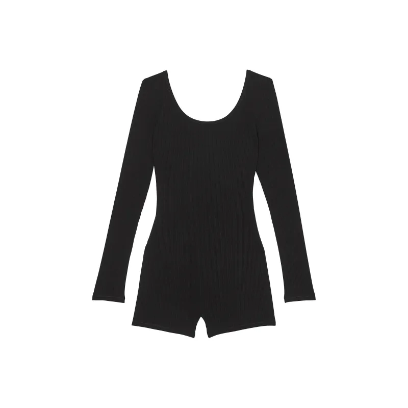 Victoria's Secret PINK Base Cotton Ribbed Long-Sleeve Romper/Pure Black Bodysuits Women's Pure Black-0