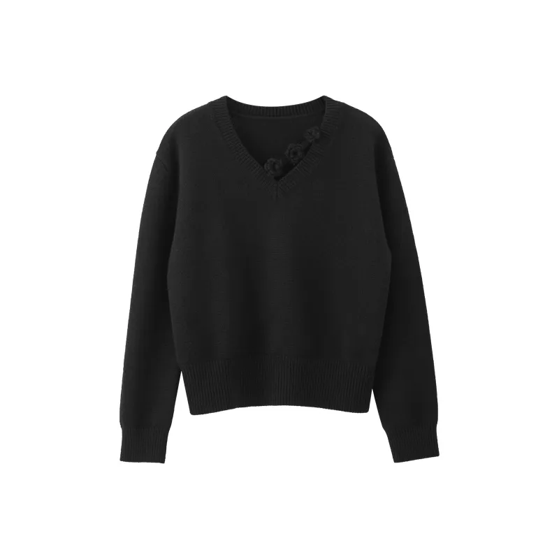 Fstudio Korean Style Laid Back 100% Australian Sheep Wool V Neck Top Floral Knitted Sweater Unisex-6