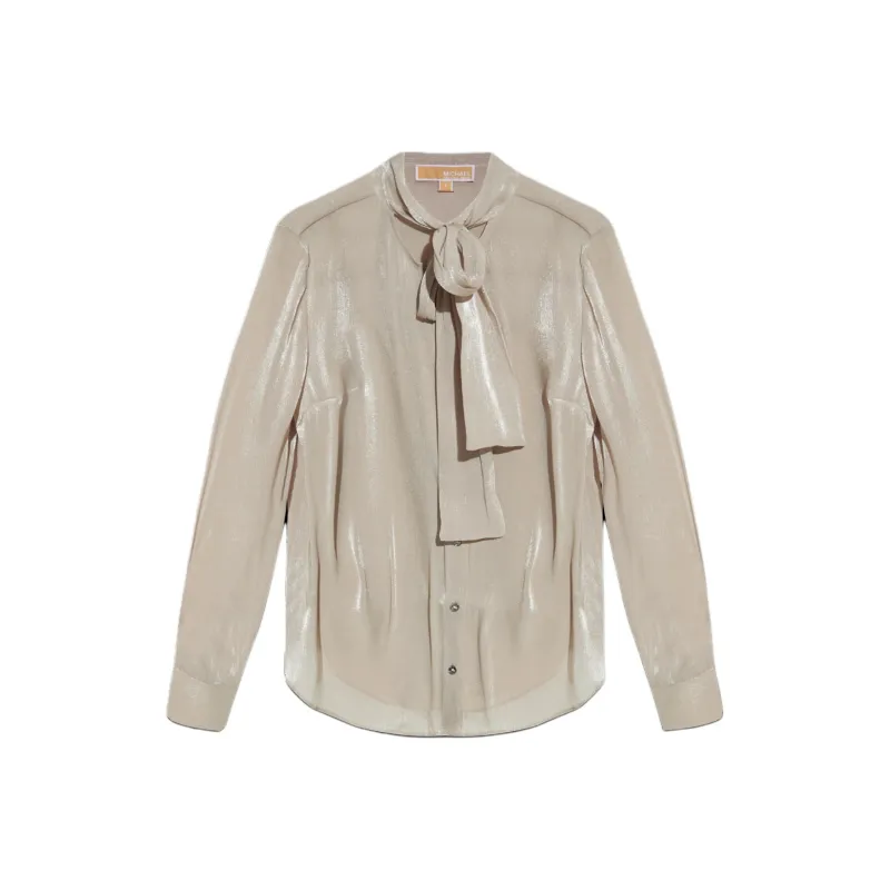 MICHAEL MICHAEL KORS Crinkled Metallic Georgette Tie Neck Blouse-0