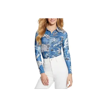 GUESS SS24 Milana Shirred Printed Blouse Shirt Women's Blue