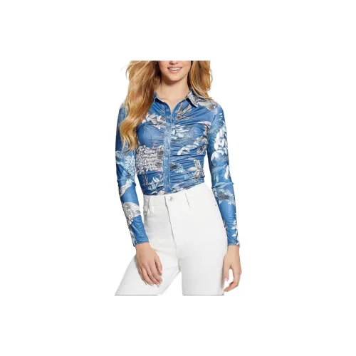 GUESS SS24 Milana Shirred Printed Blouse Shirt Women's Blue