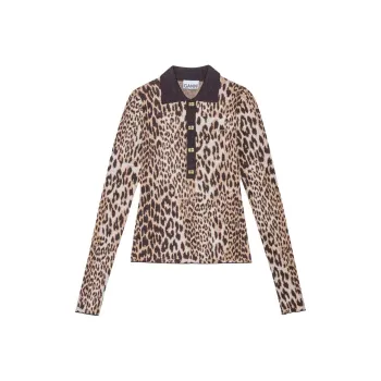 GANNI Leopard Printed Knitted Polo Top