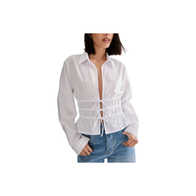 NASTY GAL Tie Front Long Sleeve Shirt Shirt Women's White-0