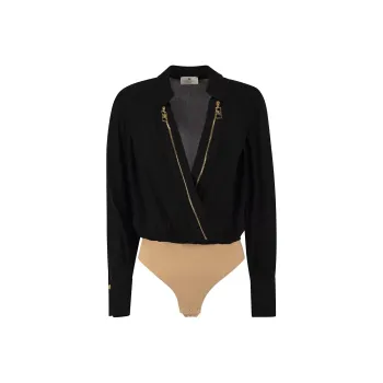 Elisabetta Franchi Zip Detailed Georgette Satin Bodysuit Blouse