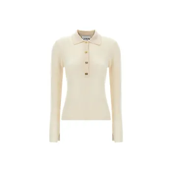 GANNI Logo Embroidered Fine Knit Polo Top
