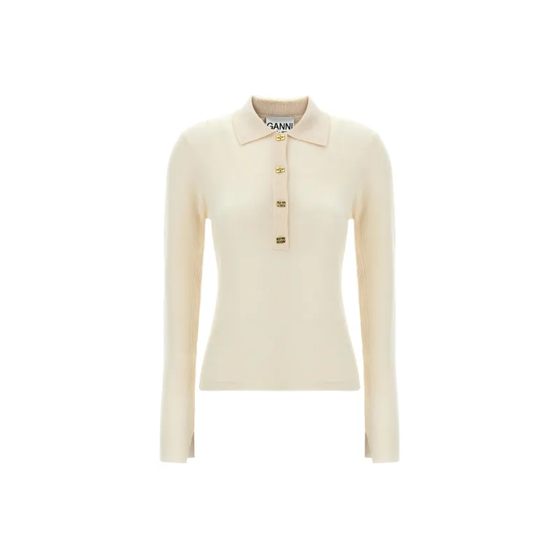 GANNI Logo Embroidered Fine Knit Polo Top-0