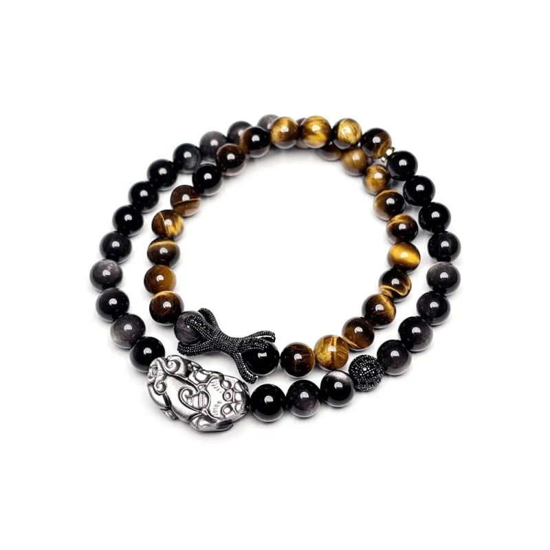 MOUNTAINS AND MANS Natural Obsidian New Chinese Style Stackable Good Luck Beaded Bracelet Men's-3