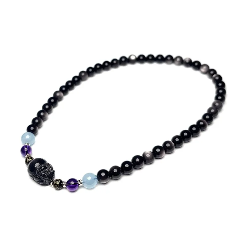 MOUNTAINS AND MANS Natural Obsidian New Chinese Style Stackable Good Luck Beaded Bracelet Unisex-4