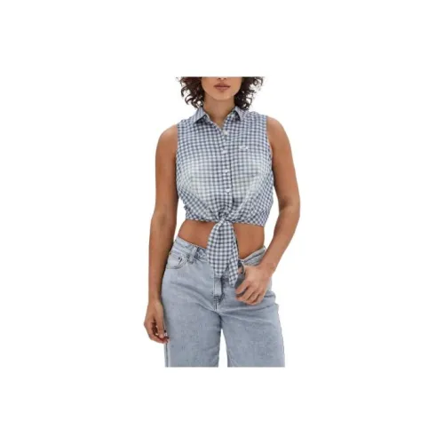 GUESS Originals Gingham Tie-Front Top Shirt Women's Blue