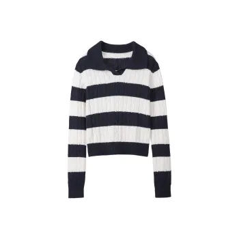 Fstudio Korean Preppy Style V Neck Color Blocking Knitwear Women's Dark Blue White Stripes