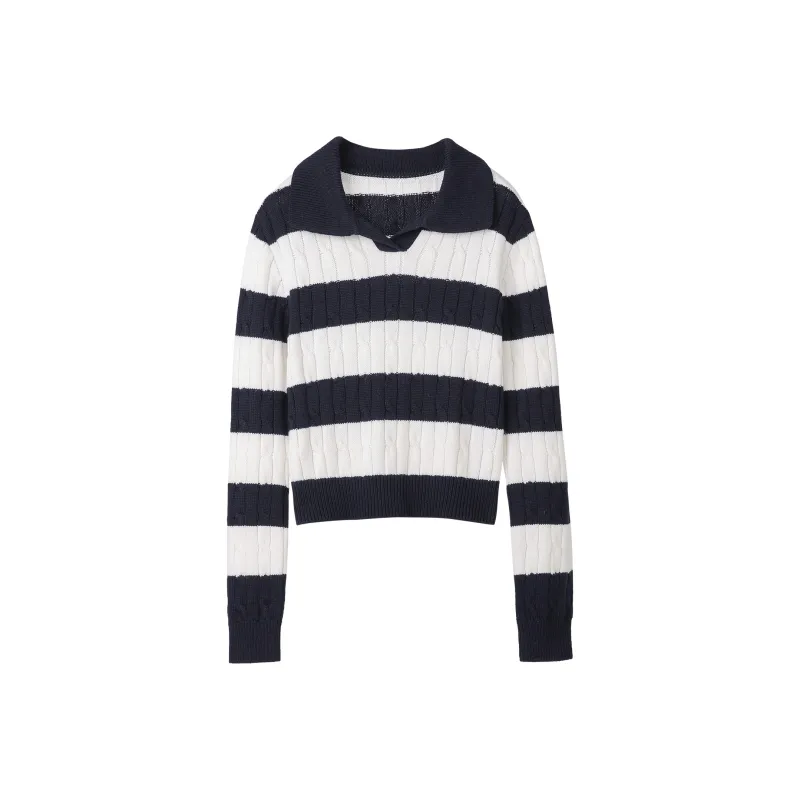 Fstudio Korean Preppy Style V-Neck Color Blocking Knitwear Women's Dark Blue White Stripes-0