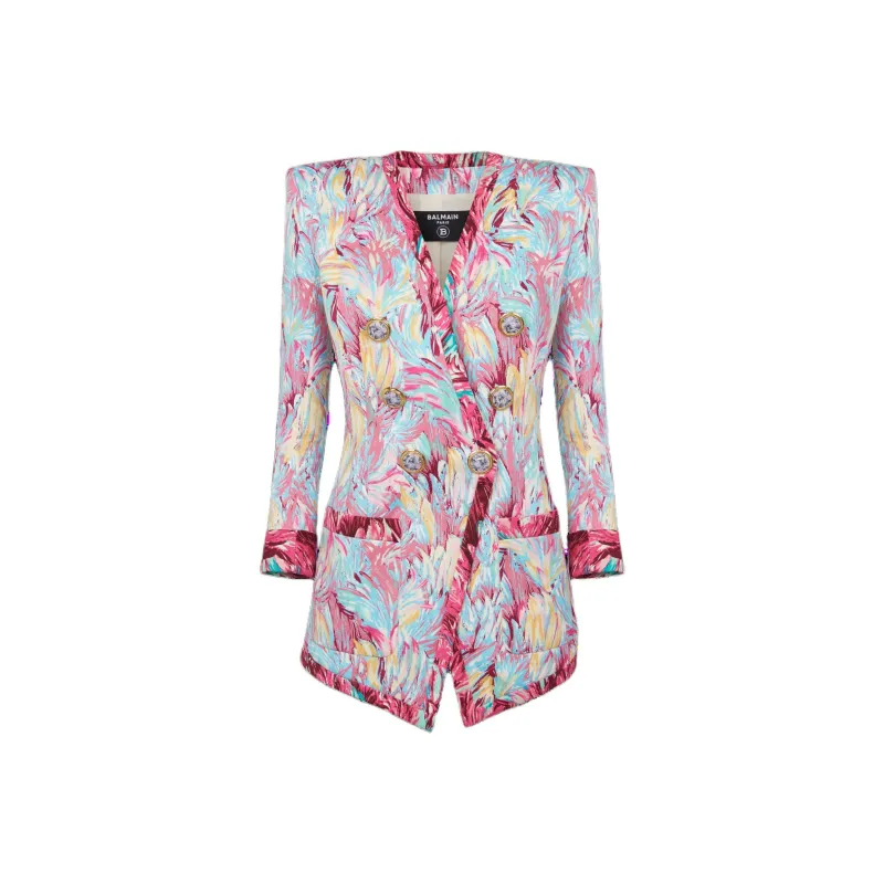 BALMAIN Feather Printed Long 6 Button Jacket-0