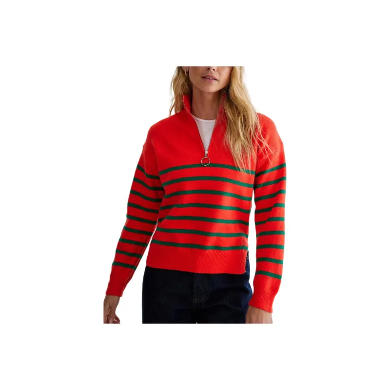 NASTY GAL Stripe Quarter Zip Funnel Neck Jumper Knitwear Women's Orange-0