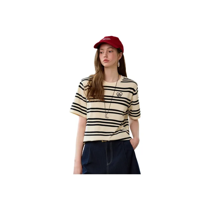  CHOCOOLATE Drop Shoulder Sleeve T Shirt Women's White Stripes-0